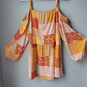 CATO patchwork cold shoulder knit top